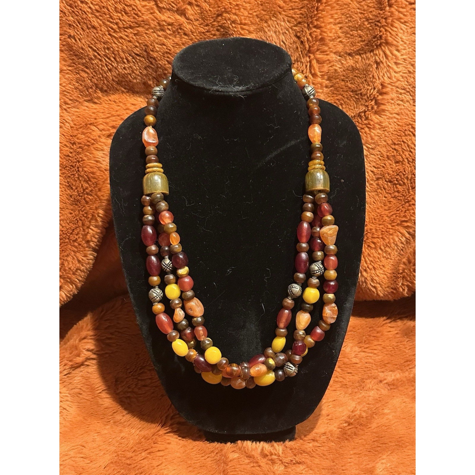 Vintage 3 Strand Stunning Beaded Necklace Boho Chunky Retro Amber Yellow Brown 30$